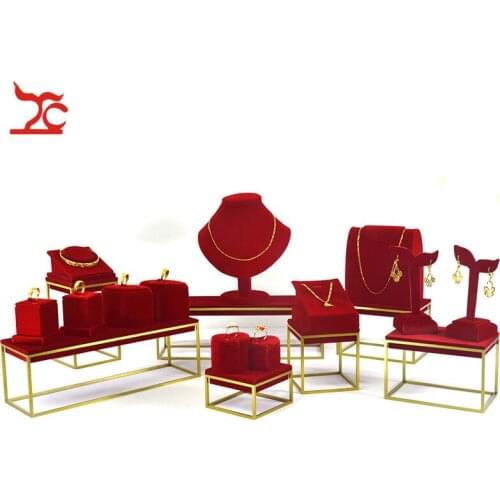 Brand New Stainless Steel Jewelry Display Rack Red Velvet Bangle Riser Ring Pendant Organizer Earring Window Display Stand Set