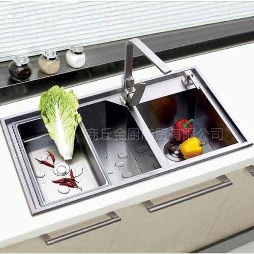 Thickened 304 stainless steel manual sink double trough package kitchen countertop washbasin sink