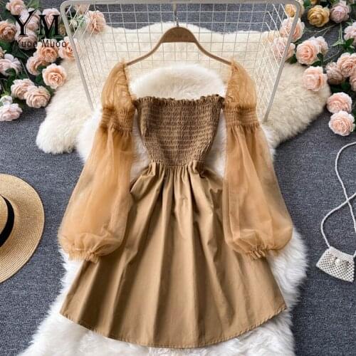 YuooMuoo Vintage Fairy Mesh Puff Sleeve Women Dress Autumn Fashion Sexy Off Shoulder Mini Party Dress Chic Girl Vestidos