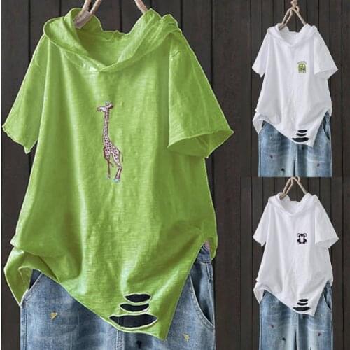Women Summer T-shirt Hooded Short Sleeve Ripped Hole Giraffe Loose Hoodie Blouse for Daily Life Femme Tshirt Tee Plus Size 2021