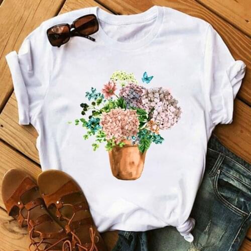 Tshirts Pretty Flower Pot Is Full Of Floral Printing Women T Shirts Fashion Clothing Polyester Vintage T-shirts For Women