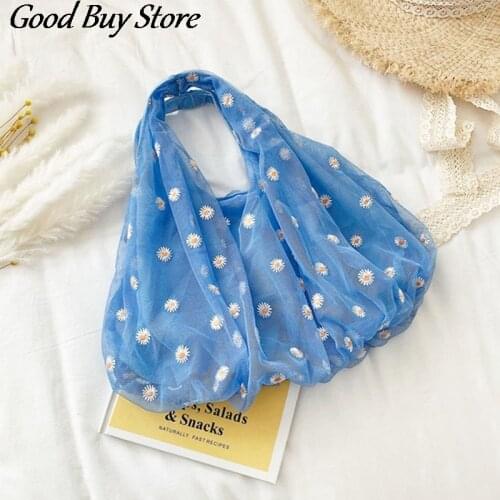 Women Flower Totes Transparent Lace Handbags Elegant Shopping Bags Lightweight Shoulder Bag Summer Daisy Floral Purse Girls