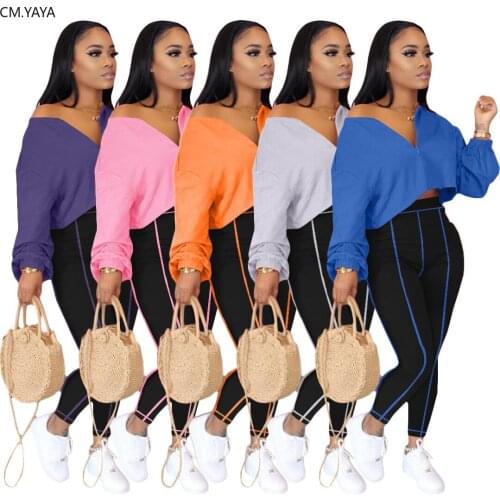 CM.YAYA Sportwear Womens Set Two Piece Set Zipper Crop Tops Pencil Leggings Pants Suit Tracksuit Matching Set Casual Outfits