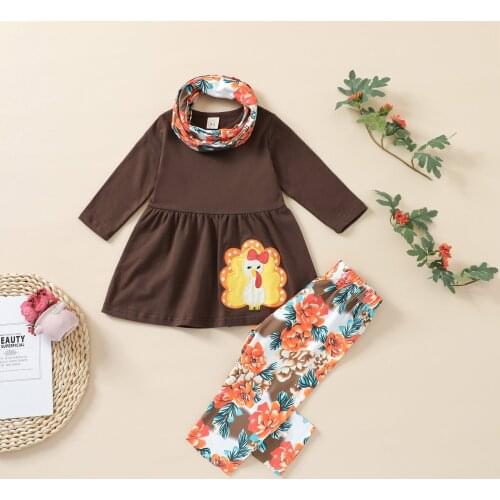 Girls Thanksgiving Outfits Turkey/Pumpkin Embroidery O-neck Tops Printed Trousers Scarf 3Pcs Baby Girl Clothing