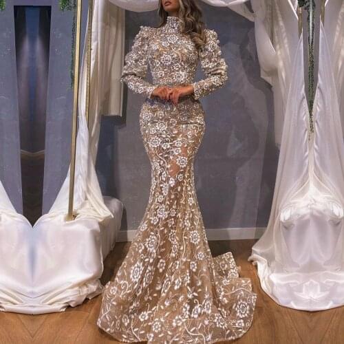 Champagne Gold Sequins High Collar Mermaid Arabic Evening Dresses Saduti Arab Vintage Formal Party Fashion Prom Gown YSAN937