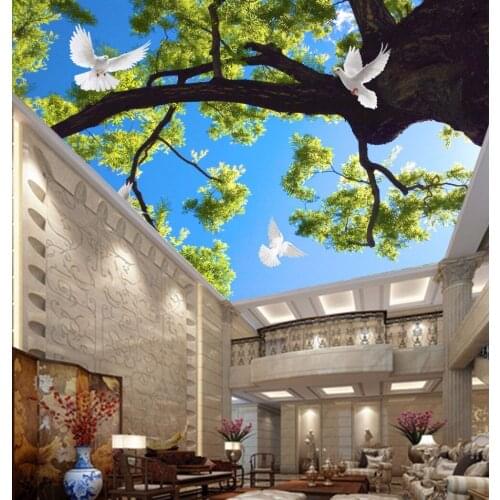Large Sky Ceiling Modern 3d murals wallpaper for Living room 3d blue sky Murals Wall 8D tree and peace dove mural wallpaper