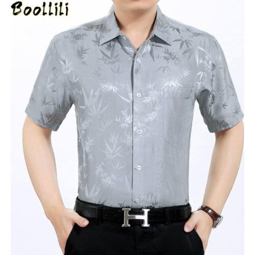 Boollili Summer 100% Silk Shirt Men Short Sleeve White Shirt Loose Mens Dress Shirts High Quality Formal Camisa Masculina