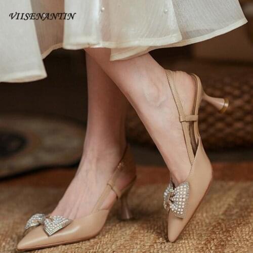 Pearl bow knot nude color buckle belt 2021 summer new pointed toe sweet fairy style stiletto high-heeled sandals
