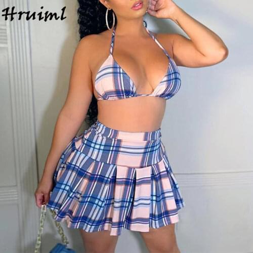 Dropshipping Womens Suit Tube Top Mini Skirt Plaid Print Ruched Sexy Dress Set Backless Lace-up Fashion Evening Swimsuit Women