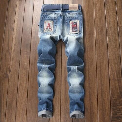 New Mens Jeans American Slim Fit Straight Zipper Embroidery Denim Hip Hop Pants Male Vintage Ripped Washed Trousers Plus Size 40