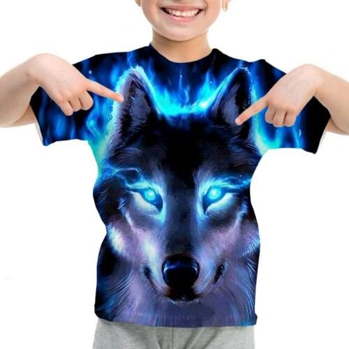 Wolf T shirt 3D T-shirt Children Animal T Shirts Blue Flame Kids Short Sleeve 2021 Summer Boys Clothes Wolf Cool Tee Csual Tops