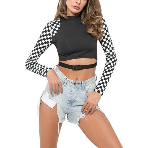 Sexy Womens Casual Polyester Autumn Long Sleeve T-shirt Fashion Plaid Stitching Release Buckle Exposed Navel Tops