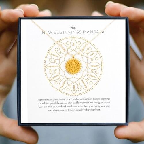 IcareU Golden Mandala Flower Pendant Necklace Carving Round Alloy Clavicle Short Chain Greenting Wish Card Gift Box Jewelry New