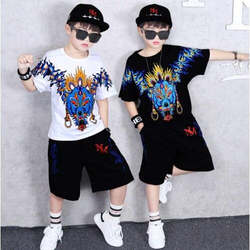 Summer Boys cotton clothes 2pcs Suit short sleeves Tees Shorts hip hop style Outfits Dance Clothing Sets For 6 8 10 12 14 Years