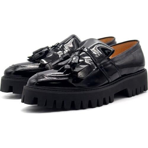 Tassel Loafers Platform Shoes Men Solid Black Pointe Mens Dress Shoes Made Of Genuine Leather Plus Size Slip On Leather Shoes