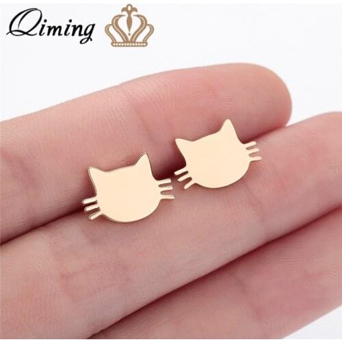 QIMING Cute Kitty Cat Earrings For Women Children Kids Birthday Cheap Stainless Steel Gold Jewelry Kitten Animal Stud Earring