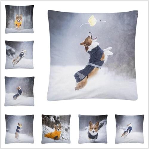 Corgi playing pattern in the snow Soft Short Plush Cushion Cover Pillow Case for Home Sofa Car Decor Pillowcase 45X45cm