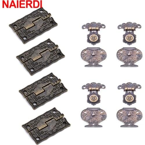 NAIERDI 4PCS Antique Drawer Wood Box Cabinet Mini Hinges + 4PCS Antique Bronze Hasps Latch For Jewellery Locks Fittings