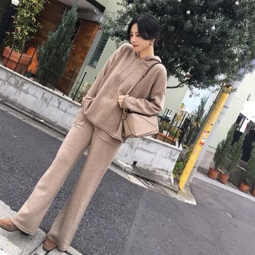 2020 Time-limited Wool Full Autumn New Suit Women Fashionable Casual Knitted Sports Hooded Sweater And Wide Leg Pants Two-piece