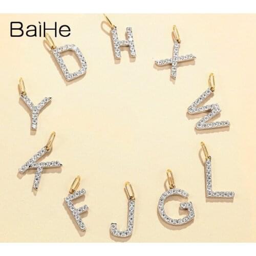 BAIHE Solid 18K White+Yellow Gold Sparkling Natural Diamond Fine Jewelry Making Wedding Gift Simple Trendy Letter Pendant Women
