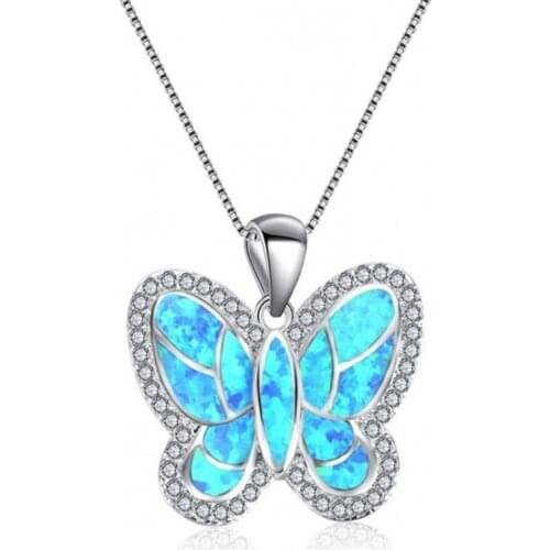 Silver Plated Butterfly Shape 4 Colors Opalite Opal Pendant Link Chain Necklace Temperament Jewelry