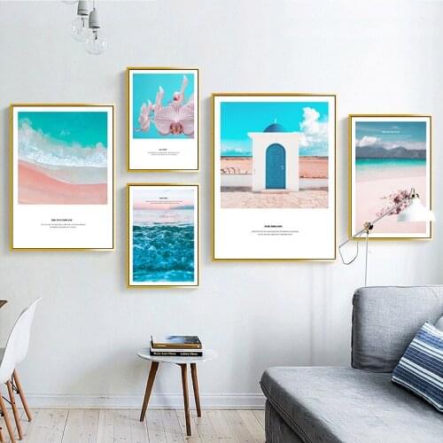 Coastal Beach Landscape Canvas Poster Nordic Pink Sea Wall Art Print Painting Decoration Picture Scandinavian Living Room Decor