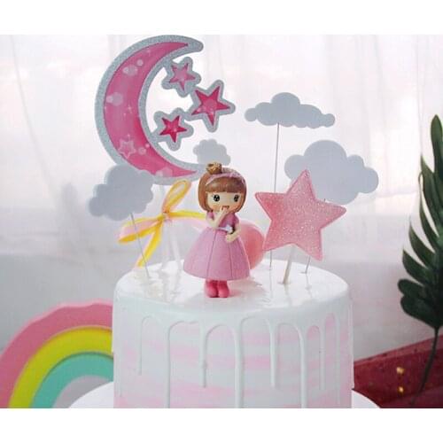 Pink Moon Star Girl Bow little Princess Girls Happy Birthday Cake Topper Kid Party Supplies Pink Love Gifts Dessert Ballet Girl