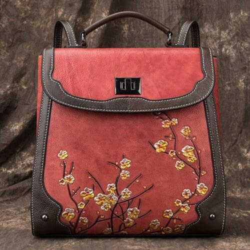 Handmade Embossing Genuine Leather Backpack 2021 New Vintage Women Bag Casual Nature Soft Cowhide Female Travel Bags Sac A Dos