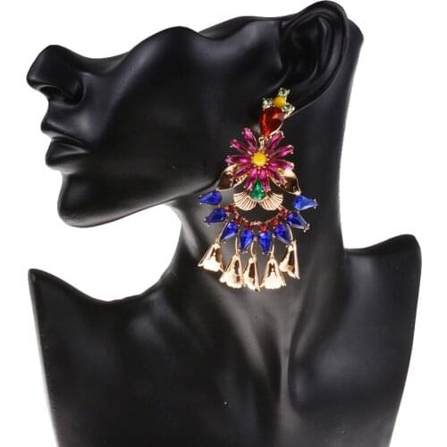 JERPVTE Lovely Flower Statement Earrings Women Fashion Crystal Drop Dangle Tassel Earrings Wedding Maxi Jewelry Accessory