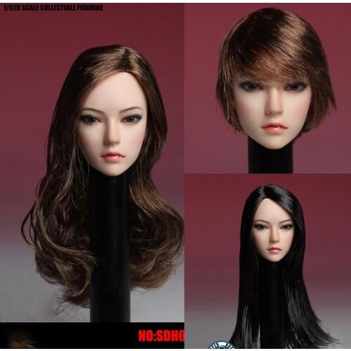 SUPER DUCK SDH002 1/6 Scale Asia Female Brown Curls Black Straight Long/Short Hair Head Sculpt Carved Model for 12'' Body