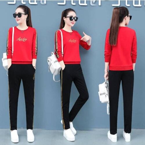WANYUCL Plus Size Womens Autumn Ladies Casual Sports Suit V-neck Top cAsual Nine-Point Pants Two-piece Female
