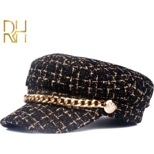 Luxury Tweed Design Golden Chain Decoration Army Military Caps Women Newsboy Cap Elegant Thick Plaid Salior Octogonal Hat