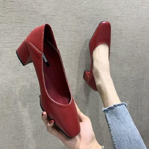 2021 spring and autumn new womens mid-heel single shoes square toe shallow mouth high heels