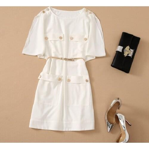 2021 Summer Fashion White Dress High Quality Women O-Neck Golden Buttons Deco Pocket Patchwork Batwing Sleeve Casual Dress Belt