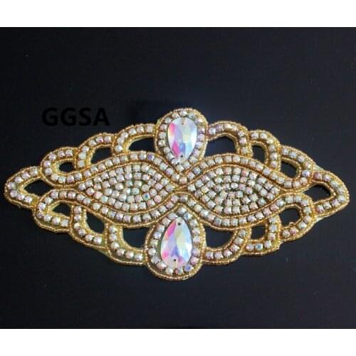 2pcs Sparkling Hand Beaded Sewing Iron on Crystal AB Rhinestone Sash Applique Patch for bridal wedding dress Shoes decoration