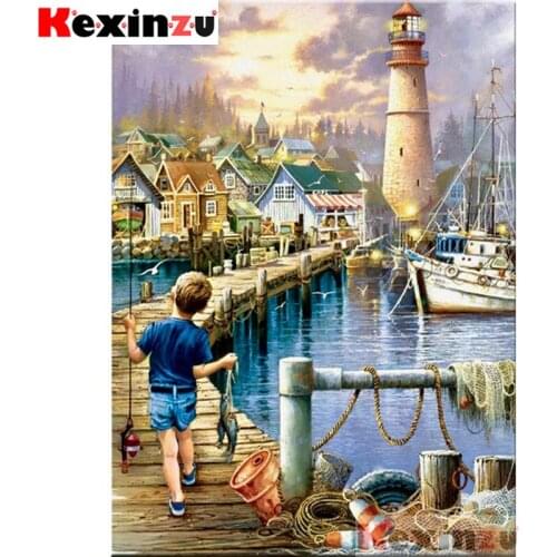 Kexinzu Full 5D DIY Square/Round Drill Diamond Painting "Village boat" Diamond Embroidery Cross Stitch 3D Decor Gift K@9899