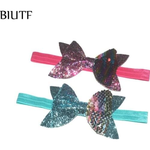 30pcs/lot 4*2.4 inch Half Reversible Glitter Sequin Bow with Elastic Ribbon Headband Girl Chic Headwear Fit All Age HB043