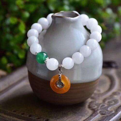 JoursNeige White Chalcedony Crystal Bracelets Round Beads With Yellow Safety Buckle Pendant Bracelets for Women Gift Jewelry