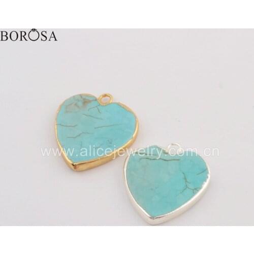 BOROSA 12pcs Gold/Silver Color Heart Shape Blue Howlite Turquoises Pendant for DIY Necklace Jewelry G1781 S1781