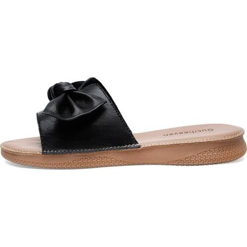Two-layer cowhide open-toed flat slippers