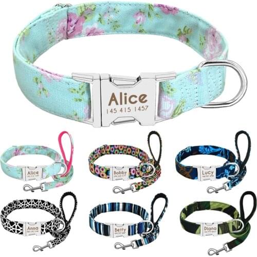 Dog Collar Personalized Nylon Dog Collar and Leash Pet Nameplate ID Collars Printed Puppy Leash For Small Medium Large Dogs Pug