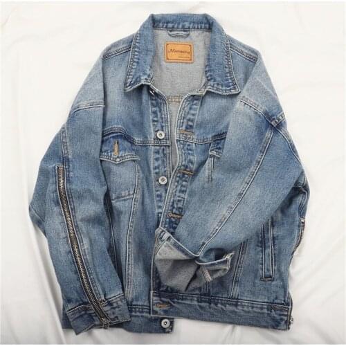 Korean Boyfriend Denim Jacket Women Outerwear Zipper Long sleeve Jeans Jacket Vintage Washed Blue Loose Basic Denim Coat Female