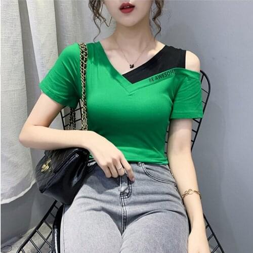 Summer Letter V-Neck T Shirt Women T-Shirt Female Cotton Off The Shoulder Tops Short Sleeve Womens Clothing Tee Shirt Femme