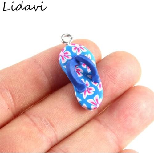 Lidavi Cute Clay Flip Flop Pendant Charms Polymer Fashion DIY Necklace Bracelet Handmade Jewelry Accessories Mix Color 10pcs/bag