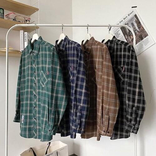 Mens Autumn Japanese Retro Color Plaid Printed Long Sleeve Shirt Fashion Classic Style Casual Pocket Top Men Hawaii Beach Shirt