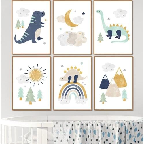 Dinosaur Rainbow Sun Star Mountain Nursery Wall Art Canvas Painting Nordic Posters And Prints Wall Pictures Kids Baby Room Decor