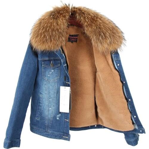 New raccoon fur collar denim jacket fashion Winter womens jacket Short paragraph Warm and velvet padded lining