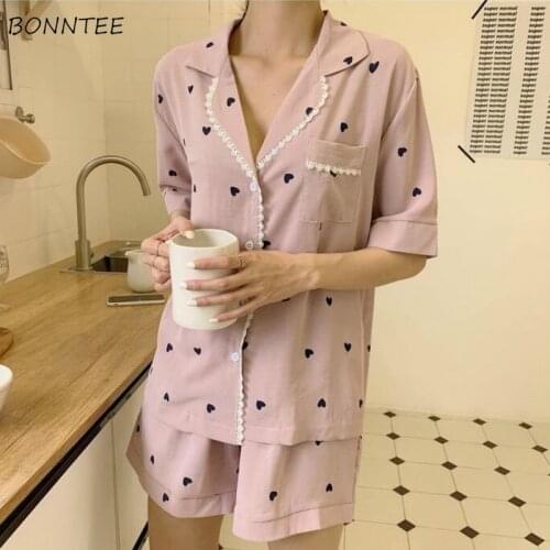 Pajama Sets Women Button Open Front V-neck Printed Short Sleeve Sleepwear Ulzzang Oversize Female Chic Trendy Summer Casual Ins