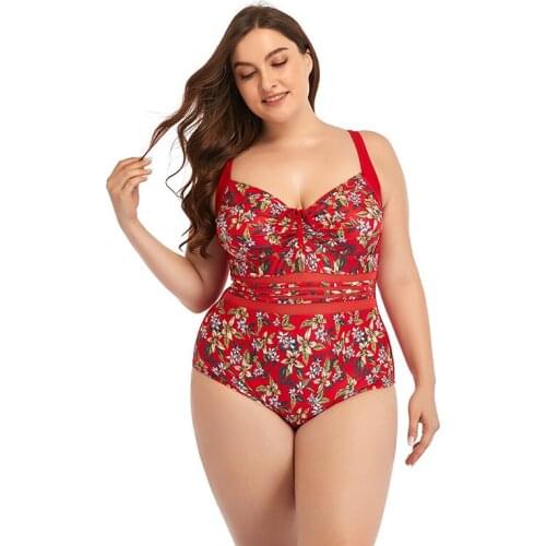 Sexy Female Plus Large Size One-Piece Red Floral Print Bandage Women Swimwear Big Size Bathing Suit Monokini Bather Bodysuit New