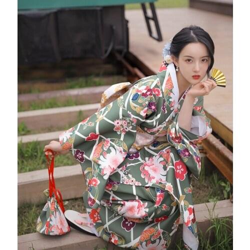 Japanese Traditional Kimono Womens Green Color Floral Prints Classic Yukata Photography Dress Cosplay Clothing Bathrobe